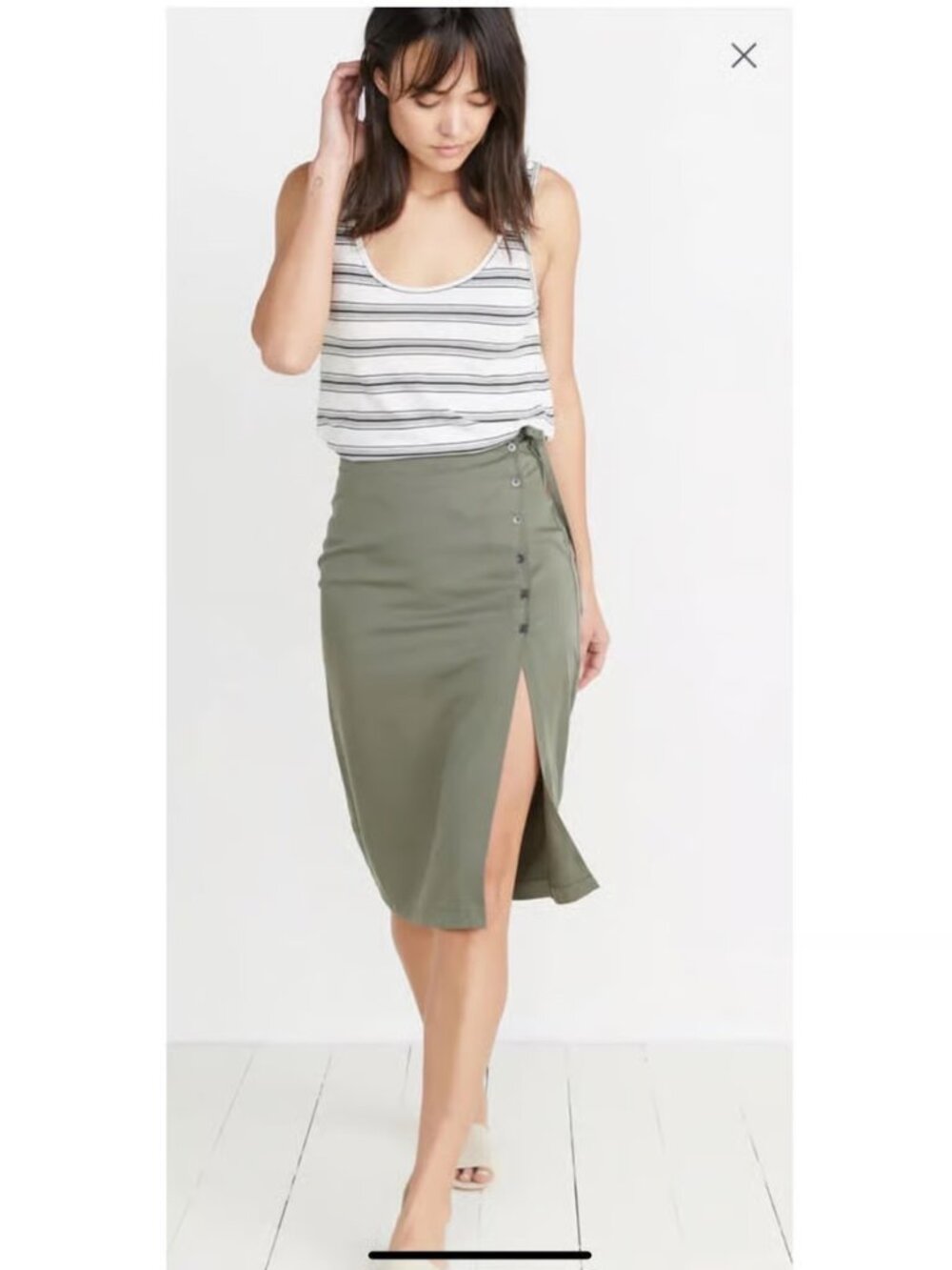 Marine Layer 'Layla' Wrap Skirt in Dusty Olive Green Side Button Slit XS